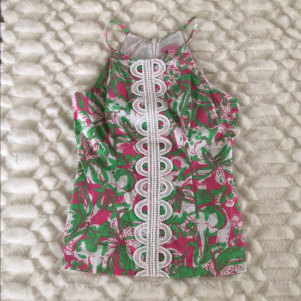 Lilly Pulitzer Pink and Green Floral Spaghetti Strap Top .100% cotton .